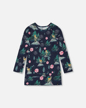 Load image into Gallery viewer, deux par deux Girls Long Sleeve Tunic With Pocket - Navy Printed Bambi
