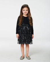 Load image into Gallery viewer, deux par deux Girls Bi-Material Dress With Glittering Tulle Skirt - Black
