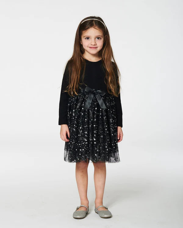 deux par deux Girls Bi-Material Dress With Glittering Tulle Skirt - Black