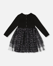 Load image into Gallery viewer, deux par deux Girls Bi-Material Dress With Glittering Tulle Skirt - Black
