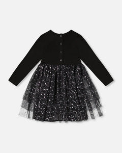 deux par deux Girls Bi-Material Dress With Glittering Tulle Skirt - Black