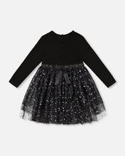 Load image into Gallery viewer, deux par deux Girls Bi-Material Dress With Glittering Tulle Skirt - Black
