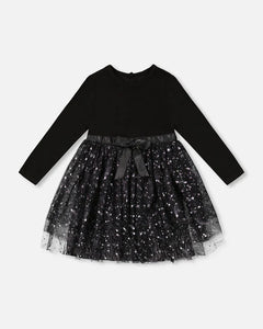 deux par deux Girls Bi-Material Dress With Glittering Tulle Skirt - Black