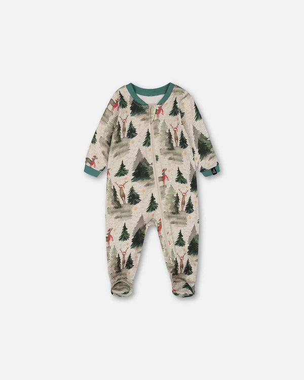 deux par deux Baby Organic Cotton One Piece Pajama Gray Mix Printed Reindeer