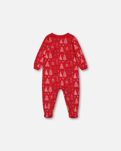 deux par deux Baby Organic Cotton One Piece Pajama - Red Printed Christmas Tree