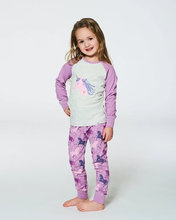 deux par deux Girls Organic Cotton Two Piece Pajama Set Mauve Printed Unicorns