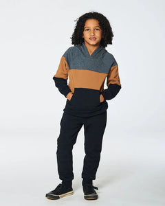 deux par deux Boys Colourblock Hooded Fleece Sweatshirt - Dark Gray, Caramel And Black