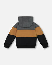 Load image into Gallery viewer, deux par deux Boys Colourblock Hooded Fleece Sweatshirt - Dark Gray, Caramel And Black
