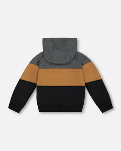 deux par deux Boys Colourblock Hooded Fleece Sweatshirt - Dark Gray, Caramel And Black