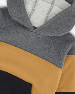 deux par deux Boys Colourblock Hooded Fleece Sweatshirt - Dark Gray, Caramel And Black