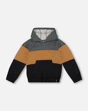 Load image into Gallery viewer, deux par deux Boys Colourblock Hooded Fleece Sweatshirt - Dark Gray, Caramel And Black
