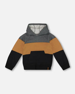 deux par deux Boys Colourblock Hooded Fleece Sweatshirt - Dark Gray, Caramel And Black