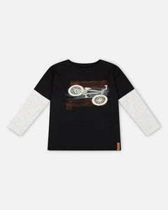 deux par deux Boys Layered Long Sleeve Bike T-Shirt - Black