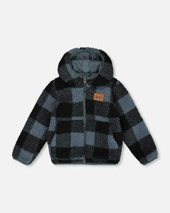 deux par deux Boys Reversible Sherpa Jacket - Blue And Black Plaid