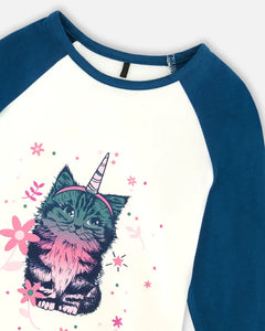 deux par deux Girls Baseball Top With Cat Print