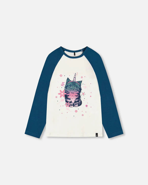 deux par deux Girls Baseball Top With Cat Print