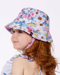 deux par deux Girls Printed Beach Sun Hat - White, Pink, And Green Flowers