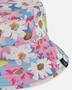 deux par deux Girls Printed Beach Sun Hat - White, Pink, And Green Flowers