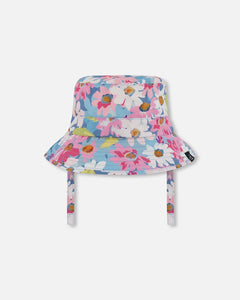 deux par deux Girls Printed Beach Sun Hat - White, Pink, And Green Flowers