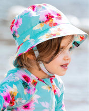 Load image into Gallery viewer, deux par deux Girls Printed Beach Sun Hat - Turquoise And Pink Flowers
