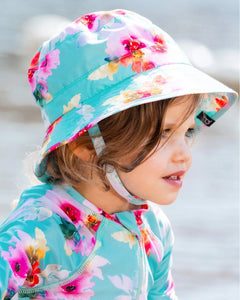 deux par deux Girls Printed Beach Sun Hat - Turquoise And Pink Flowers