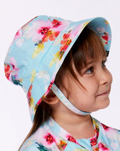 deux par deux Girls Printed Beach Sun Hat - Turquoise And Pink Flowers