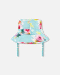 deux par deux Girls Printed Beach Sun Hat - Turquoise And Pink Flowers