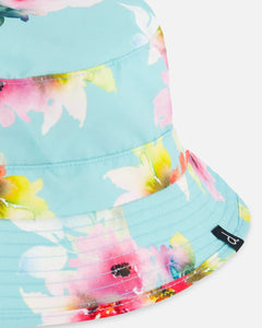 deux par deux Girls Printed Beach Sun Hat - Turquoise And Pink Flowers