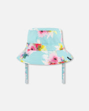 Load image into Gallery viewer, deux par deux Girls Printed Beach Sun Hat - Turquoise And Pink Flowers
