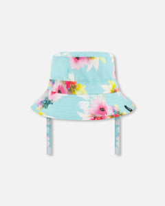 deux par deux Girls Printed Beach Sun Hat - Turquoise And Pink Flowers