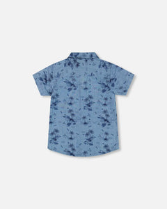 deux par deux Boys Printed Chambray Short Sleeve Shirt - Pale Blue And Navy