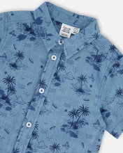 Load image into Gallery viewer, deux par deux Boys Printed Chambray Short Sleeve Shirt - Pale Blue And Navy
