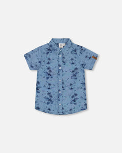 deux par deux Boys Printed Chambray Short Sleeve Shirt - Pale Blue And Navy