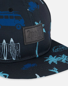 deux par deux Boys Printed Cap - Light Blue Beach On Black