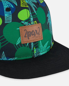 deux par deux Boys Printed Cap - Green Jungle On Black