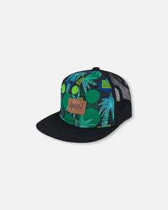 deux par deux Boys Printed Cap - Green Jungle On Black