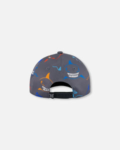 deux par deux Boys Printed Cap - Orange, Red, And Blue Sharks On Grey