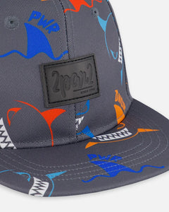 deux par deux Boys Printed Cap - Orange, Red, And Blue Sharks On Grey