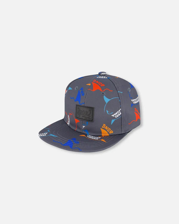 deux par deux Boys Printed Cap - Orange, Red, And Blue Sharks On Grey