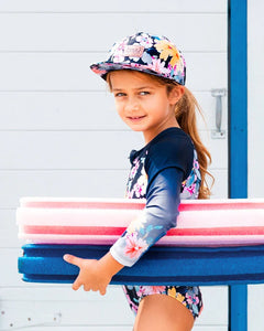 deux par deux Girls Printed Cap - Navy And Yellow And Pink Flowers