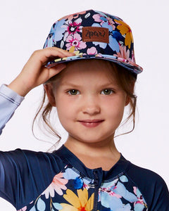 deux par deux Girls Printed Cap - Navy And Yellow And Pink Flowers