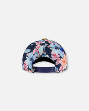 Load image into Gallery viewer, deux par deux Girls Printed Cap - Navy And Yellow And Pink Flowers
