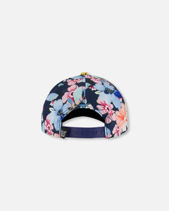 deux par deux Girls Printed Cap - Navy And Yellow And Pink Flowers