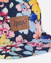 Load image into Gallery viewer, deux par deux Girls Printed Cap - Navy And Yellow And Pink Flowers
