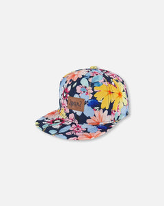 deux par deux Girls Printed Cap - Navy And Yellow And Pink Flowers