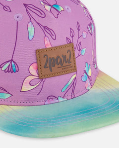 deux par deux Girls Printed Cap - Mauve And Multicolored Butterflies