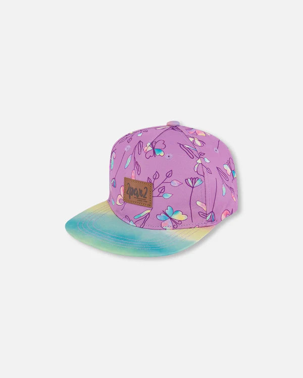 deux par deux Girls Printed Cap - Mauve And Multicolored Butterflies