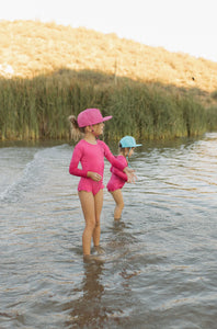 Current Tyed "Brights" Ribbed Hot Pink Ruffle Rashguard Suit