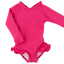 Load image into Gallery viewer, Current Tyed &quot;Brights&quot; Ribbed Hot Pink Ruffle Rashguard Suit
