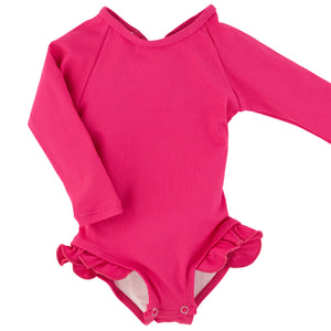 Current Tyed "Brights" Ribbed Hot Pink Ruffle Rashguard Suit